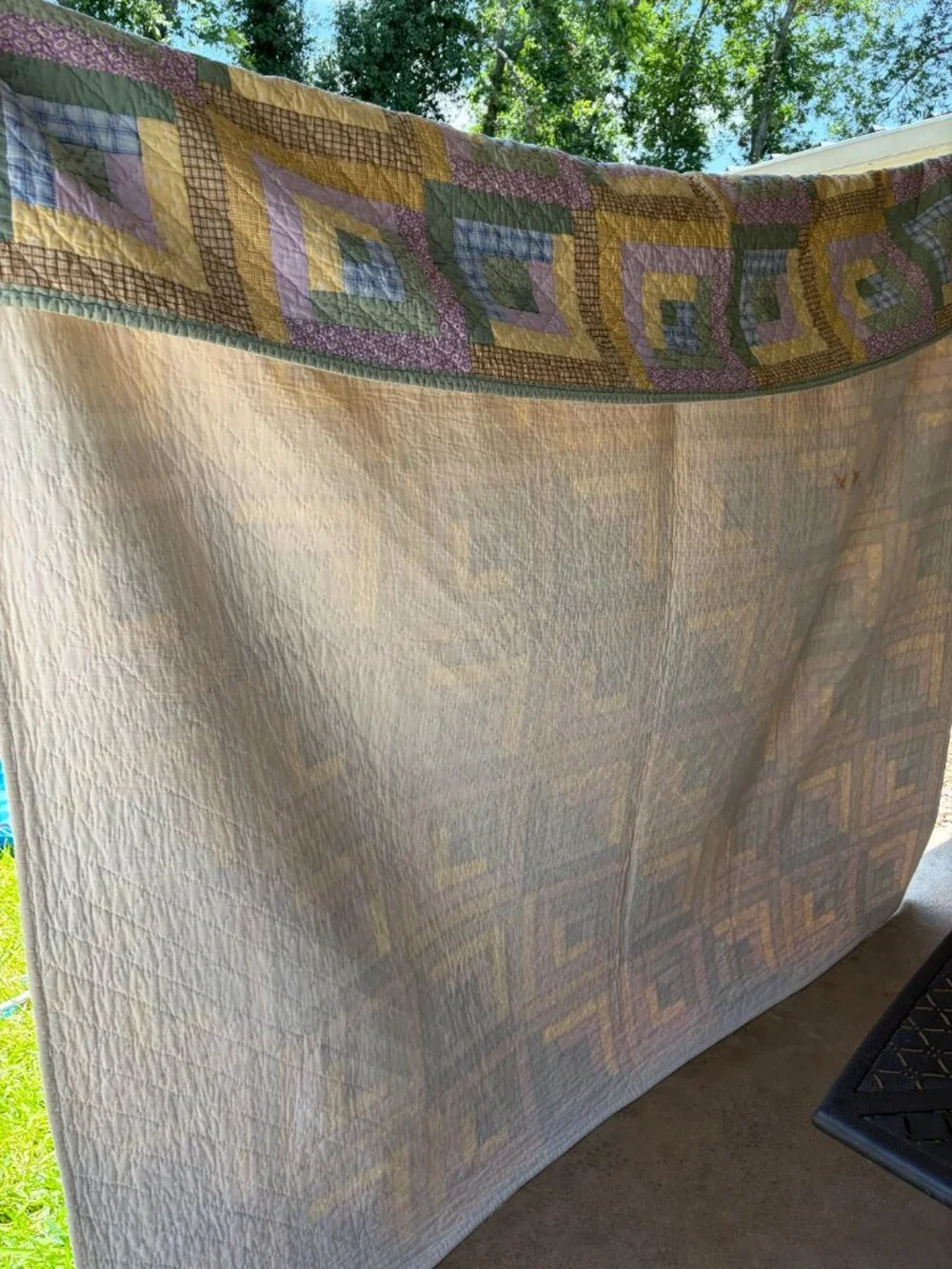 Vintage Log Cabin Quilt | Large Handmade Pastel Patchwork Quilt | 84